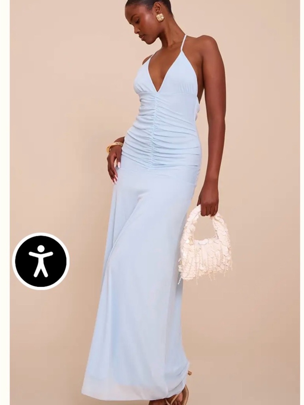 PrettyLittleThing Light Blue Halter Ruched Maxi Dress